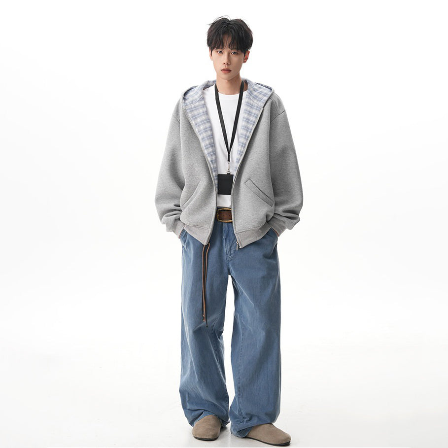 【アウター】アメリカンチェック切り替え フード付きパーカー 男女兼用 春秋 ゆったり ルーズ カジュアル スポーツジャケット【FCシリーズ】