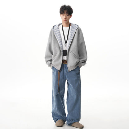 【アウター】アメリカンチェック切り替え フード付きパーカー 男女兼用 春秋 ゆったり ルーズ カジュアル スポーツジャケット【FCシリーズ】