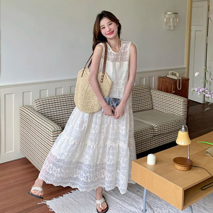 【ワンピース】夏 海辺リゾート風 レース刺繍 ロング丈 気質スタイル ノースリーブワンピース