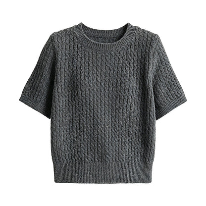 【トップス】韓国系 ニットTシャツ レディース 編み柄デザイン 半袖 細見え シンプルブラウス【JZシリーズ】