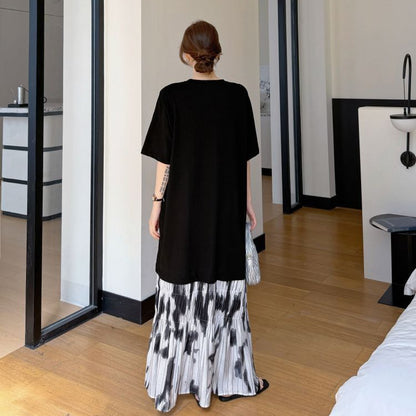 【ワンピース】夏 大きいサイズ レディース 水墨染め フレアスカート 半袖 ワンピース ゆったりサイズ【SHシリーズ】
