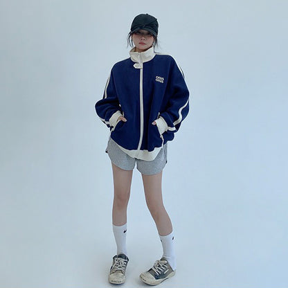 【アウター】ユニセックス スタンドカラーショートブルゾン アメカジ風 配色切り替え ビッグシルエット【FCシリーズ】【10～15日内発送】