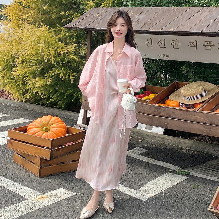 2点セット！【セットアップ】リゾート風 ピンクシャツ＋ノースリーブワンピース セットアップ レディース  優しげ雰囲気 おしゃれ映え【SHシリーズ】