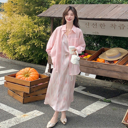 2点セット！【セットアップ】リゾート風 ピンクシャツ＋ノースリーブワンピース セットアップ レディース  優しげ雰囲気 おしゃれ映え【SHシリーズ】