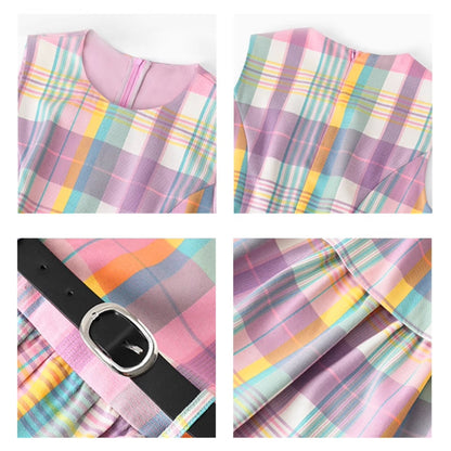 【ワンピース】 レインボーチェック ノースリーブ ティアードワンピース 夏 レディース フェミニン 体型カバー リゾート風 着痩せ ゆったり Aライン 大人可愛い バカンス 海辺旅行【SHシリーズ】