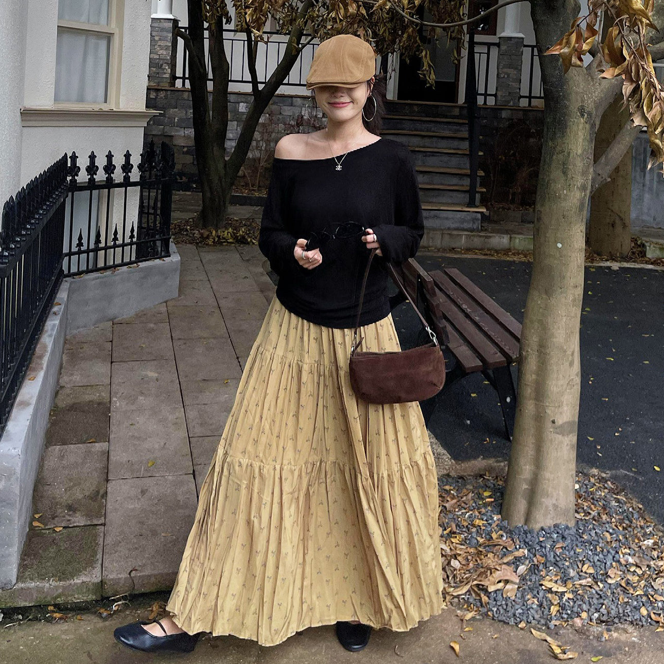 【ボトムス】初秋新作 レトロ ハイウエスト ゆったり見え スリム効果 切り替え シフォン 花柄スカート【SHシリーズ】