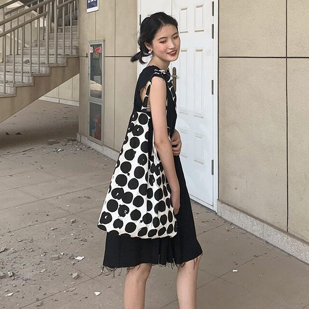 【バッグ】配色 キャンバスショルダーバッグ 斜めがけ 韓国風 ドット柄 大容量 カジュアルバッグ