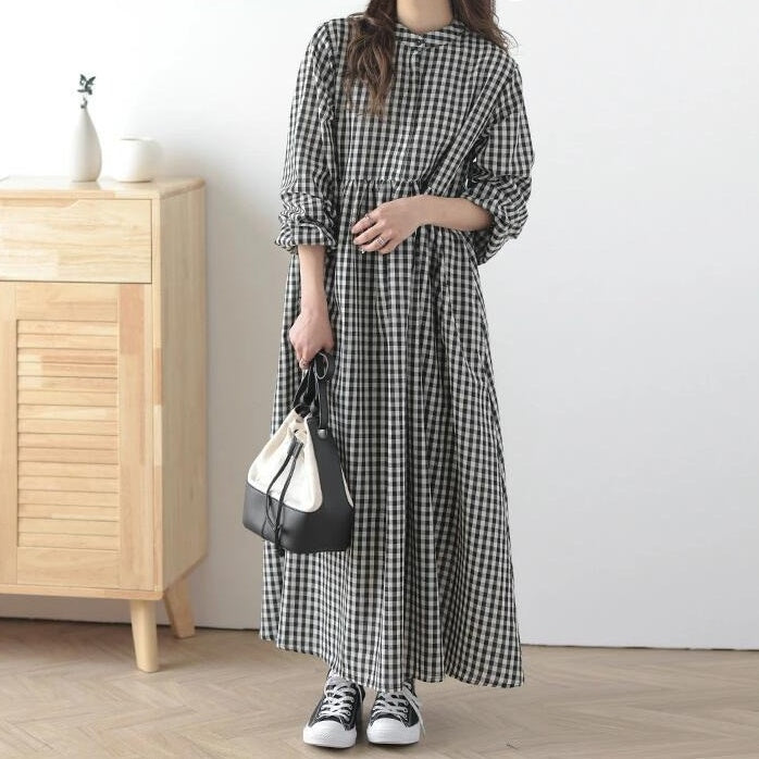 【24AW】【ワンピース】日系 清新 しま模様 ゆったり 長袖ワンピース