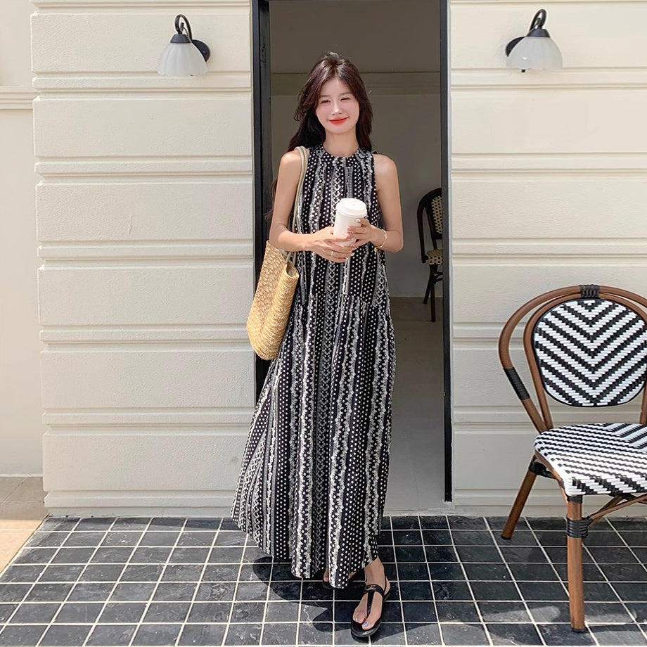 【ワンピース】フレンチ風 優美で個性的 刺繍入り オフショルダー ノースリーブワンピース【SHシリーズ】