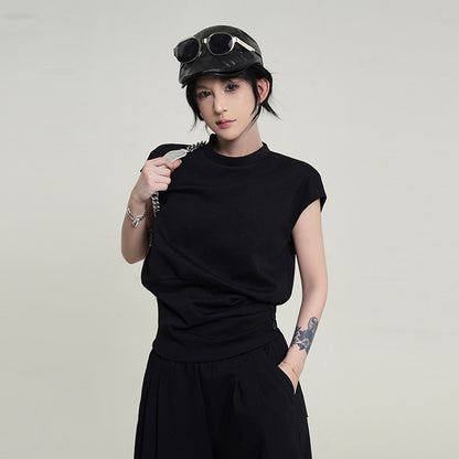 【セットアップ】韓国風 フリルスリーブTシャツ  クルーネック トップス＋パンツ 上下セット レディース 夏新作 細見え 体型カバー【FCシリーズ】