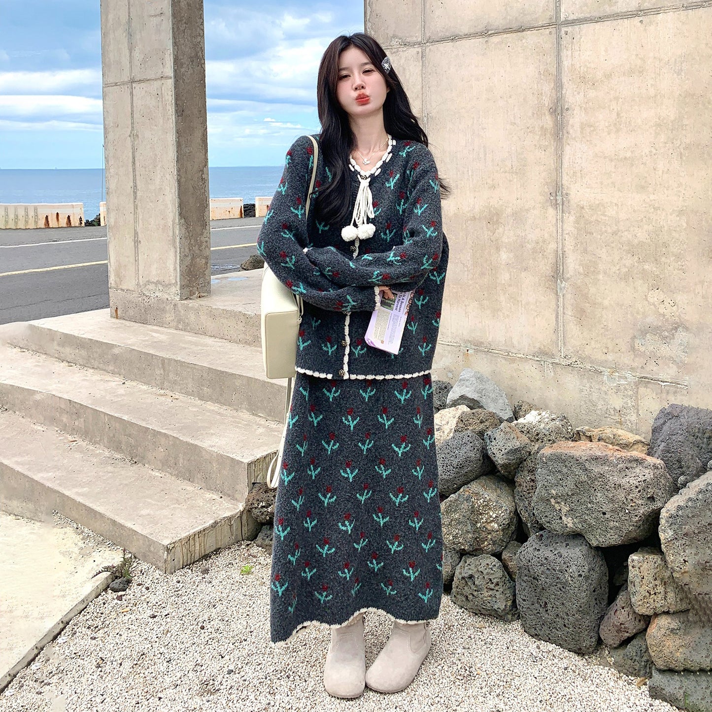 【セットアップ】花柄 ニットノースリーブワンピース + カーディガン セットアップ レディース 春秋 上品可愛い おしゃれ 2点セット【SHシリーズ】