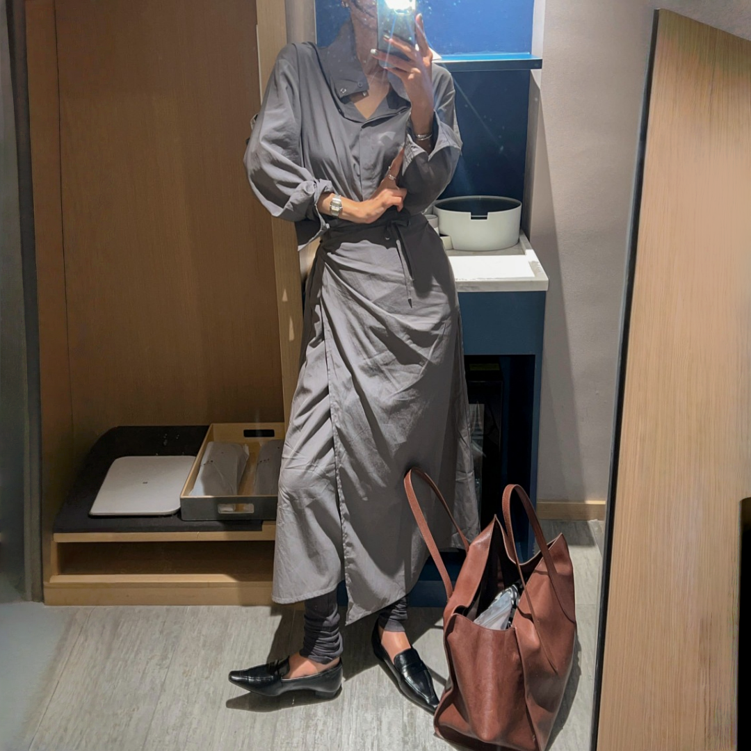 【ワンピース】春 秋 冬 アシンメトリー ウエストリボン 長袖シャツ ワンピース  【JZシリーズ】