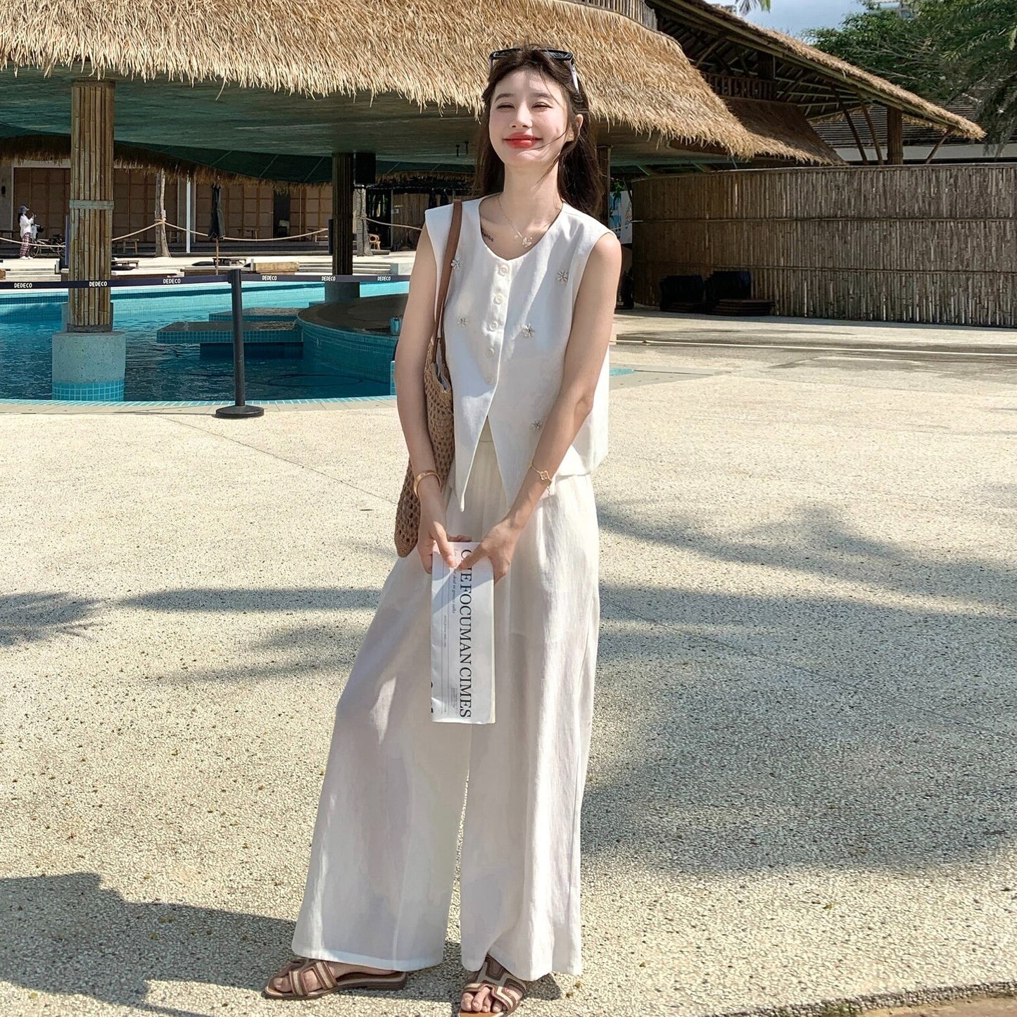 2点セット！【セットアップ】ベスト ワイドパンツ  上下セット レディース 春夏 ゆったり 体型カバー 人気 リゾートコーデ【JZシリーズ】