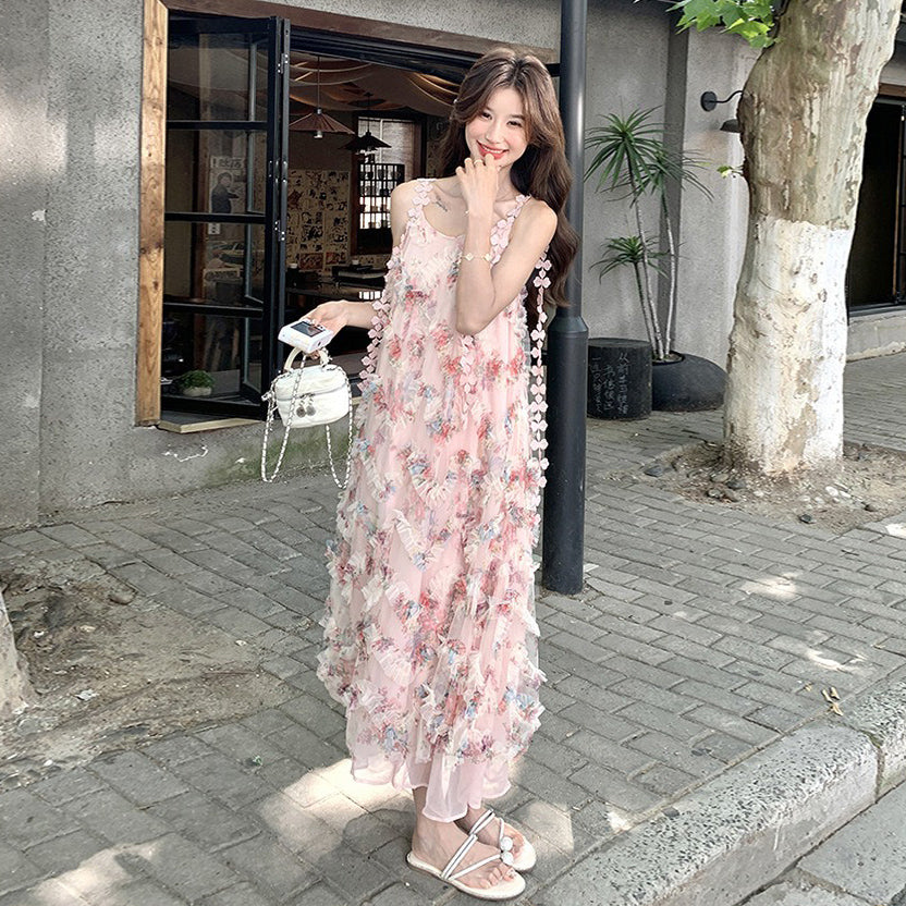 ワンピース】ピンクロマンチック風 立体フラワー花柄 ノースリーブ