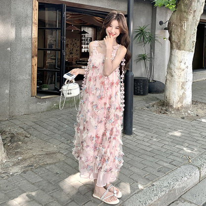 【ワンピース】ピンクロマンチック風 立体フラワー花柄 ノースリーブワンピース【SHシリーズ】