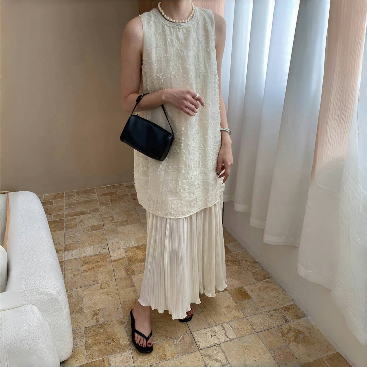 【ワンピース】夏 テンセル フェイクレイヤード ノースリーブ ワンピース【SNシリーズ】