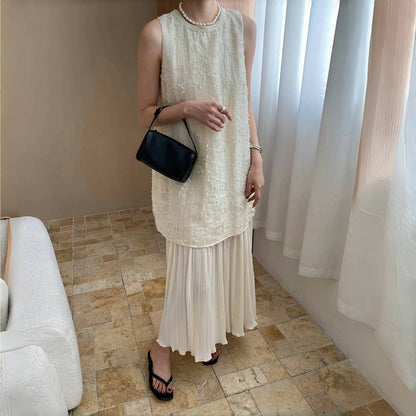 【ワンピース】夏 テンセル フェイクレイヤード ノースリーブ ワンピース【SNシリーズ】