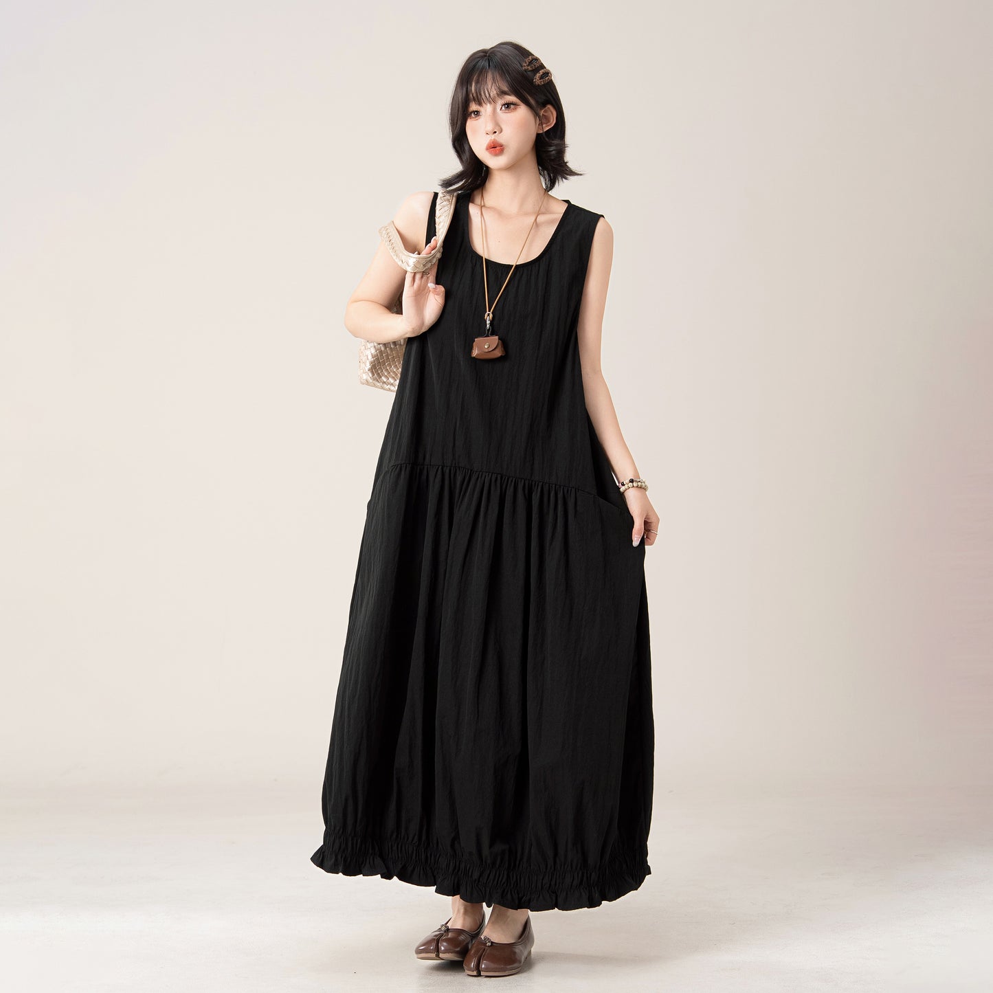 【ワンピース】ワンピース レディース ノースリーブ バルーンシルエット ベストワンピース ロング丈 ゆったり ナチュラル【JZシリーズ】