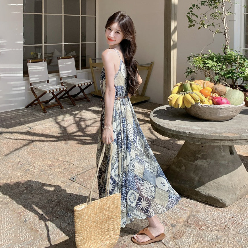 【ワンピース】夏新作 ボヘミアンリゾート風 シフォンプリント ノースリーブワンピース 大人可愛いAラインシルエット【SHシリーズ】