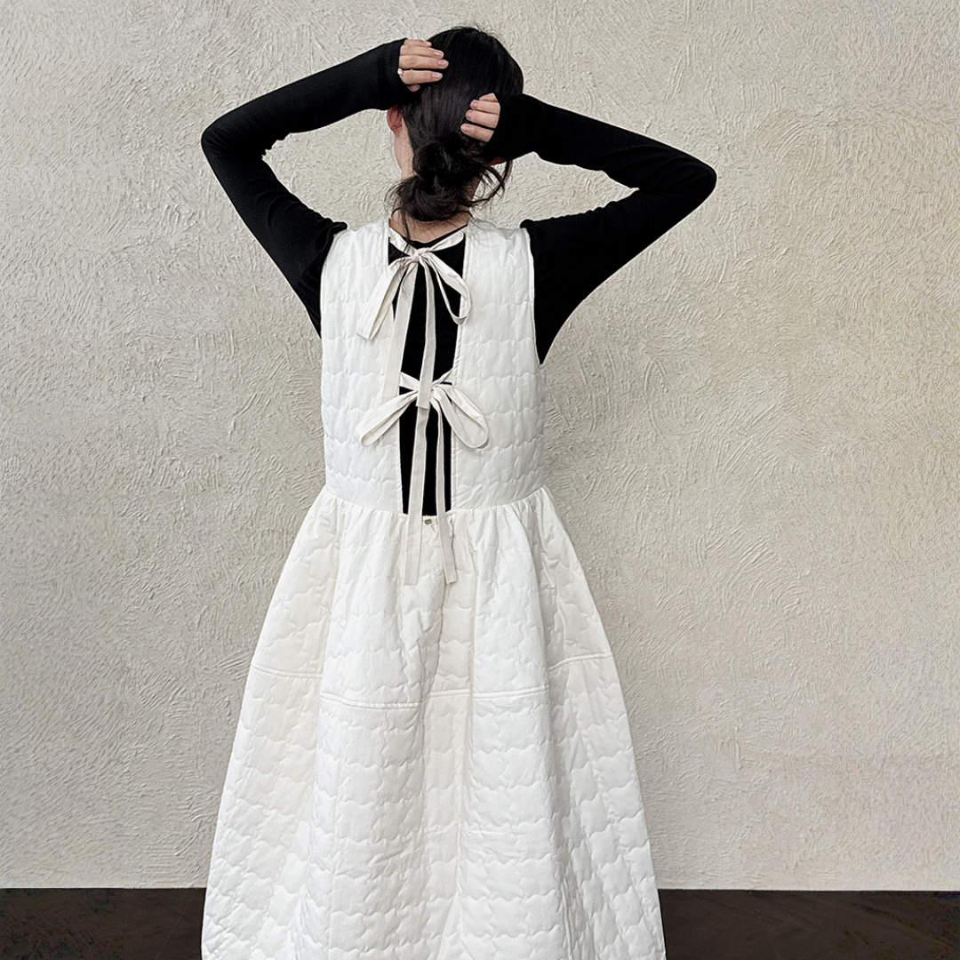 【ワンピース】春 秋 冬 厚手 中綿入り リボン付き ゆったり ロング ノースリーブ ワンピース【JZシリーズ】