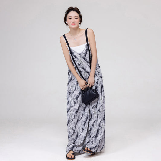 【ボトムス】ハイエンドレトロ感 水波模様グラデーションサロペット ゆったりVネック オールインワン 夏新作【SHシリーズ】