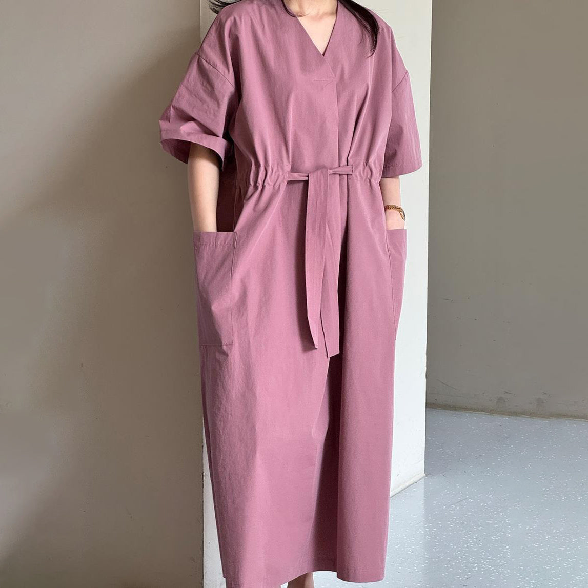 【ワンピース】🌼韓国風 春夏 大きいサイズ ワンピース 半袖 カジュアル ゆったり ポケット付き ウエストシェイプ レディース【JZシリーズ】