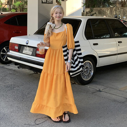 【ワンピース】韓国風 気質 美白効果 スタイルアップ 無地 半袖ワンピース 夏 スイートレディ風 リゾートコーデ