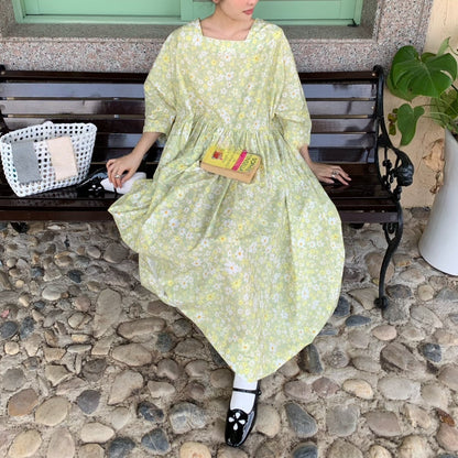 【ワンピース】夏 スクエアネック レトロ 花柄 大振裾 半袖 ワンピース【SHシリーズ】