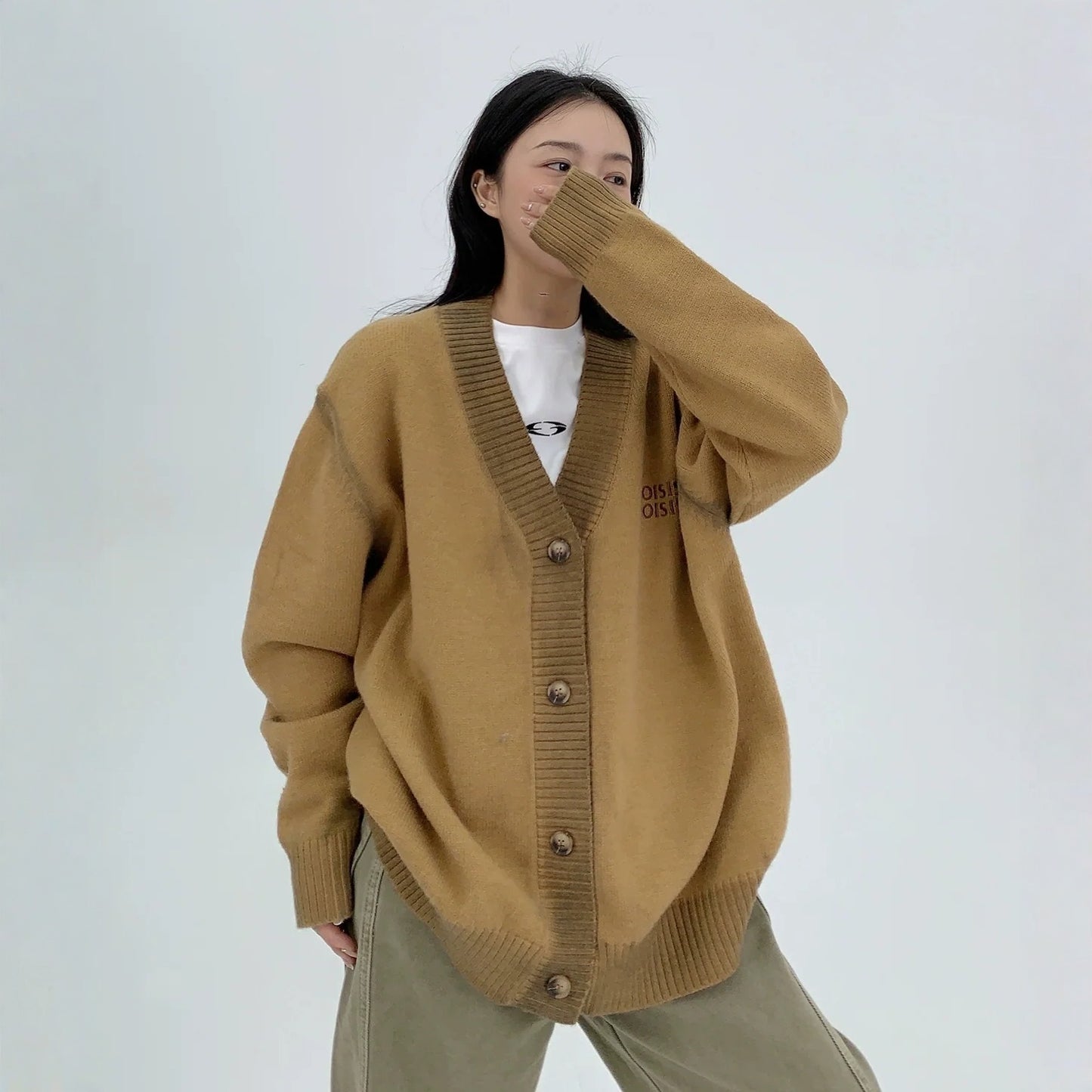 【アウター】春 秋 冬 ヴィンテージ加工 レトロ Vネック ニット ジャケット 【FCシリーズ】