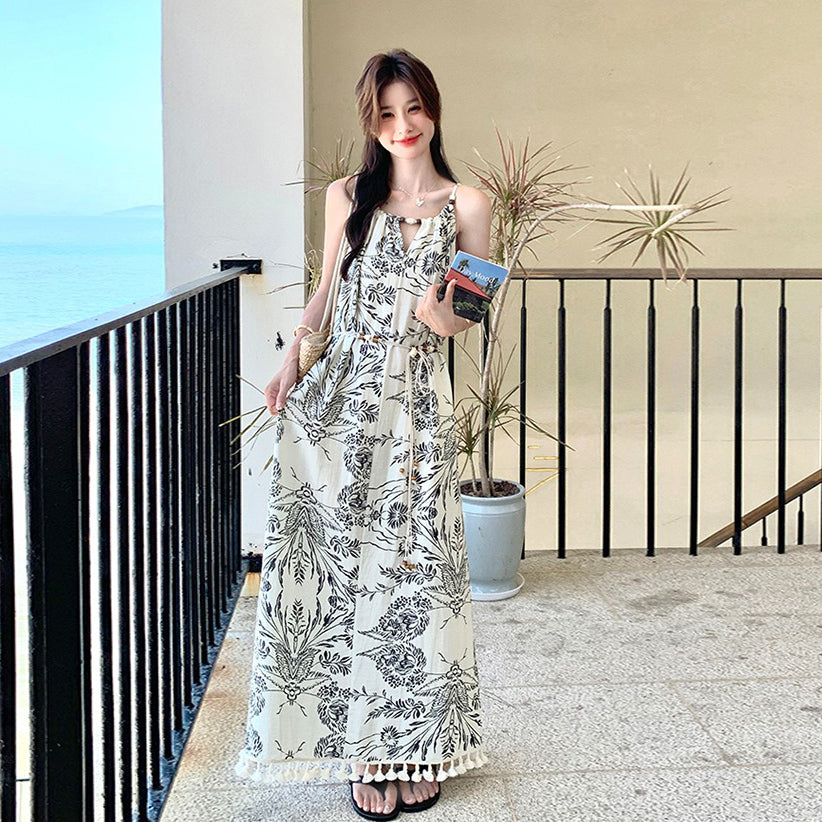 【ワンピース】ヴィンテージ水墨プリント フリンジパッチワーク リゾート風 ノースリーブワンピース【SHシリーズ】