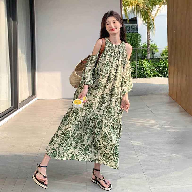 【ワンピース】フレンチエレガンス オフショルダー 花柄 半袖ワンピース 夏 海辺バカンス ロングドレス【SHシリーズ】