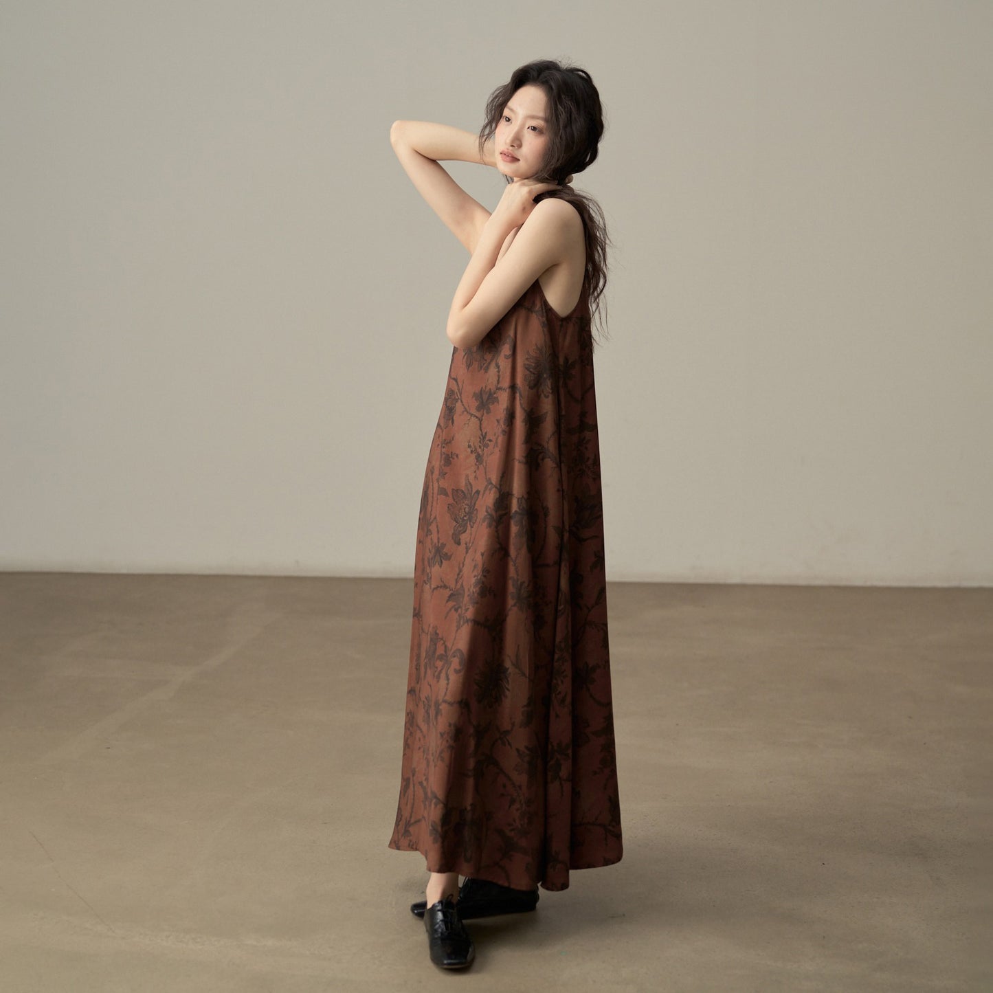 【ワンピース】新中式 ヴィンテージ高級感 プリント 柔らかい素材 リゾート風 ノースリーブワンピース【SHシリーズ】