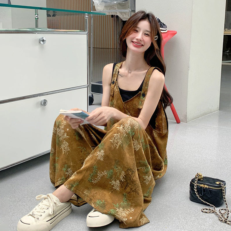 【ボトムス】エスニック調フラワープリント 夏新作 高級感 高見え ハイウエスト落ち感 オールインワン【SHシリーズ】