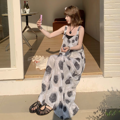 【ボトムス】夏新作 ヴィンテージ風 ローズ柄 ゆったりシルエット カジュアル オールインワン【SHシリーズ】