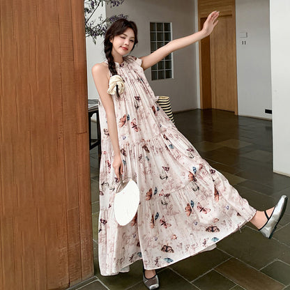 【ワンピース】夏 フレンチ温柔風 蝶柄 ノースリーブワンピース【SHシリーズ】