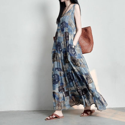 【ワンピース】コットンリネン 抽象柄プリント ゆったりした ノースリーブワンピース 【SHシリーズ】