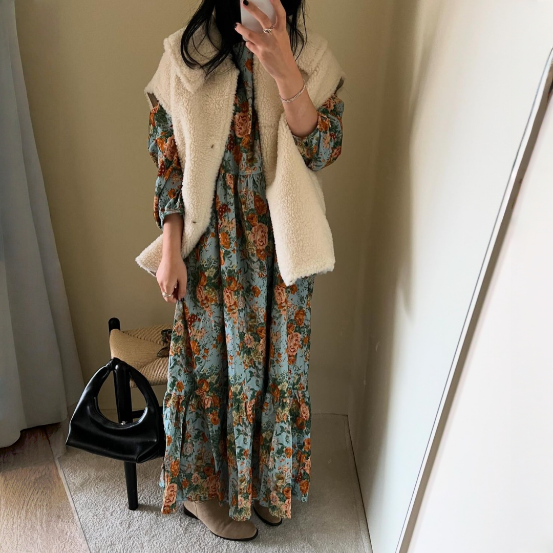 【ワンピース】春 秋 ラウンドネック 切替 長袖 花柄ワンピース 【SHシリーズ】