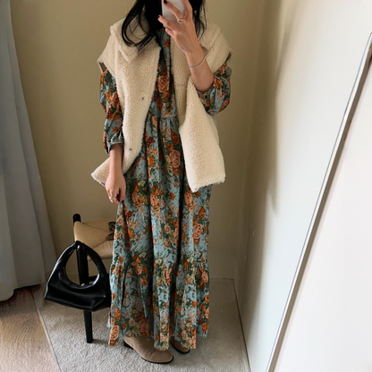 【ワンピース】春 秋 ラウンドネック 切替 長袖 花柄ワンピース 【SHシリーズ】
