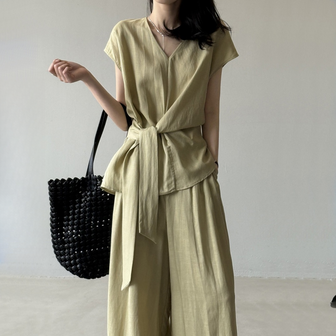 【セットアップ】【単品注文】夏 Vネック ノースリーブ シャツ + ワイドパンツ 2点上下セット 【SNシリーズ】