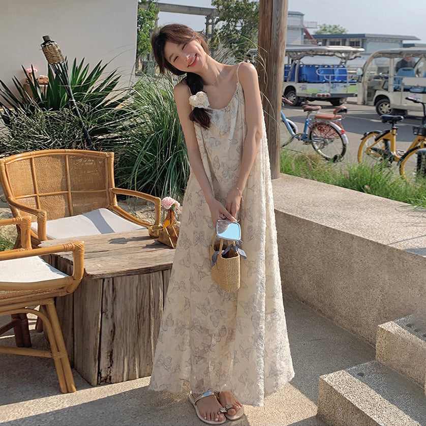 【ワンピース】夏新作 レース刺繍＆バタフライプリント ノースリーブキャミソールワンピース 気質漂うエレガントロングドレス【SHシリーズ】