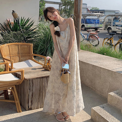 【ワンピース】夏新作 レース刺繍＆バタフライプリント ノースリーブキャミソールワンピース 気質漂うエレガントロングドレス【SHシリーズ】