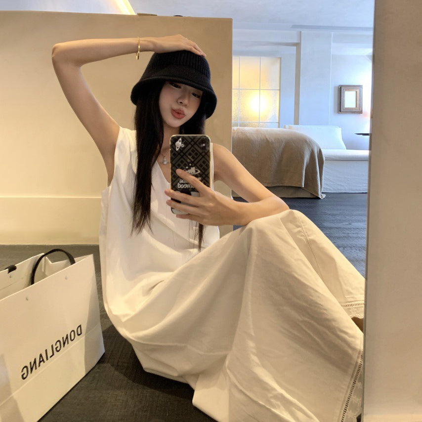 【ワンピース】ホワイト Vネック ノースリーブ Aライン ロング丈 リゾート風 ゆったり ナチュラル ワンピース【JZシリーズ】