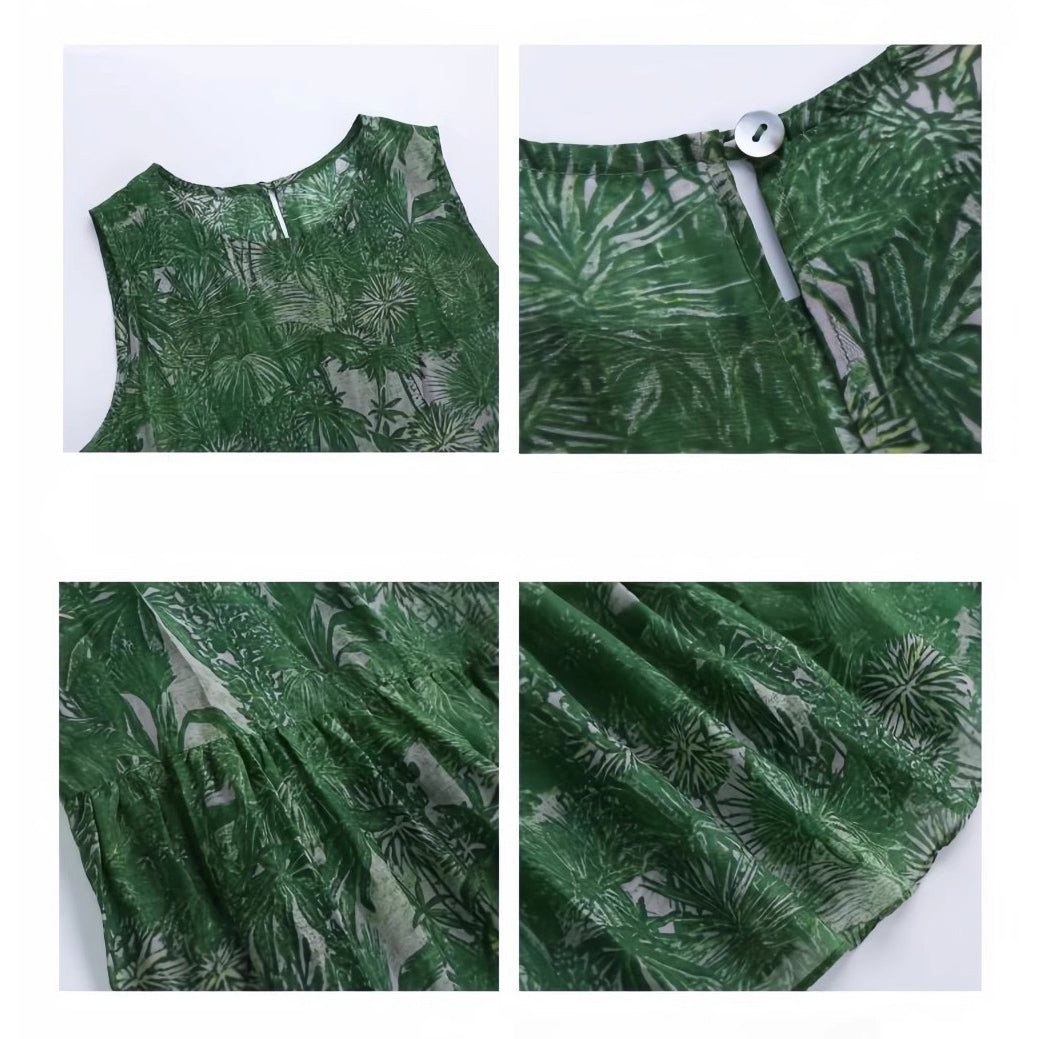 【ワンピース】リゾート風 夏新作 ゆったり細見えデザイン ヴィンテージフラワー ノースリーブワンピース【SHシリーズ】