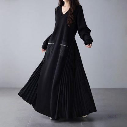 👀注目の新作👀【ワンピース】春 秋 冬 Vネック ニット プリーツ 長袖 ファスナー ワンピース 【JZシリーズ】