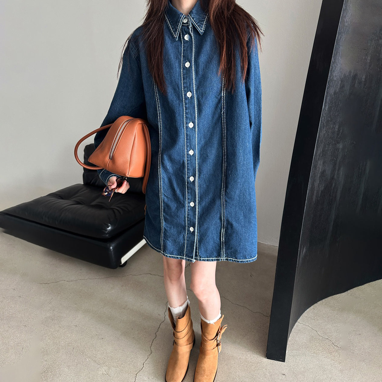 【24AW】【ワンピース】秋 高級感 レトロ ラペル ルーズ デニム 長袖ワンピース