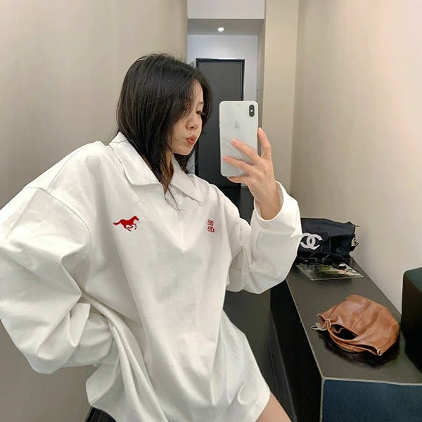 【トップス】春 秋 冬 刺繍 Vネック 長袖 Ｔシャツ 【FCシリーズ】