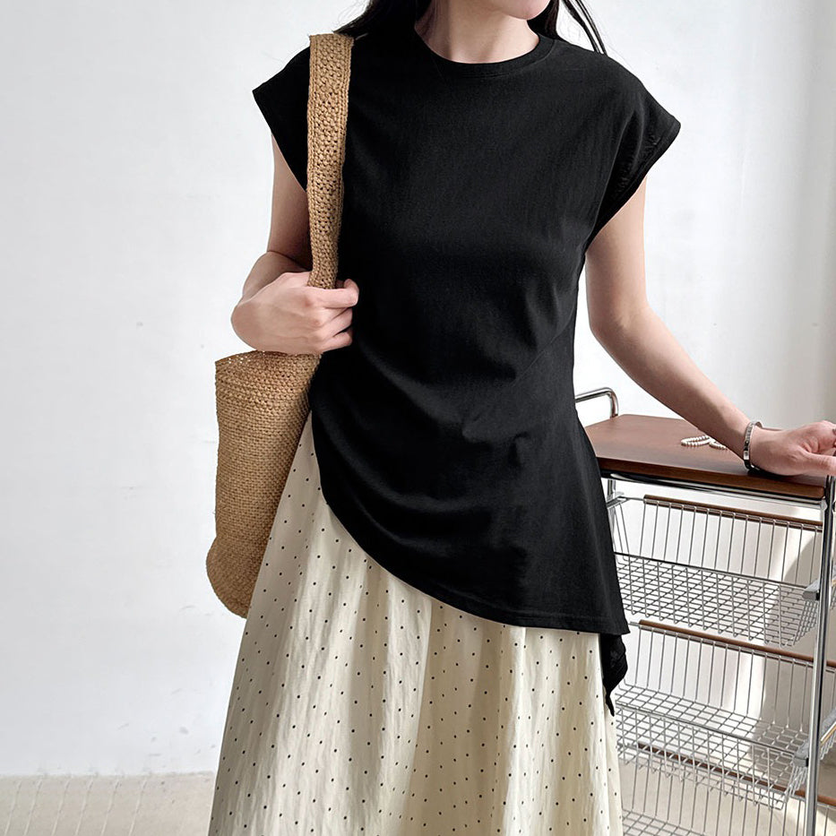 【トップス】韓国風 シンプル 夏新作 ウエストマーク 不規則デザイン 半袖Tシャツ【SNシリーズ】
