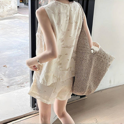 【セットアップ】夏 ジャカード おしゃれな ノースリーブ シャツ + ショートパンツ 2点上下セット 【JZシリーズ】