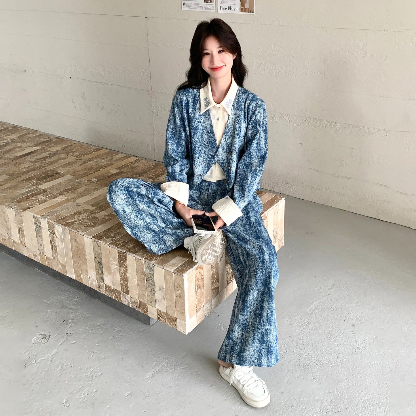 2点セット！【セットアップ】この配色、かっこよすぎる…💙 タイダイ柄ジャケット風トップス×ワイドパンツ 上下セット 春コーデ 体型カバーも叶う【SHシリーズ】