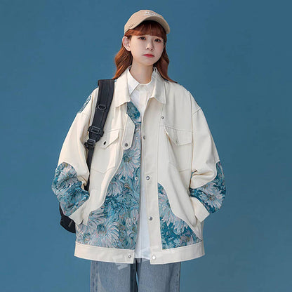 【アウター】花柄 ワーク風 ジャケット レディース INS カジュアル ゆったり ブルゾン【FCシリーズ】